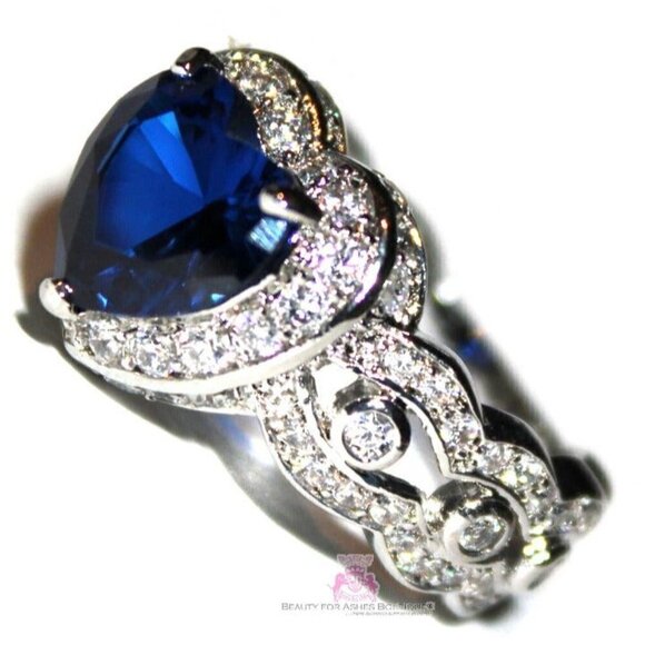 Heart for Jerusalem Deep Sapphire Blue Cz 18K White Gold Plated Cocktail Ring 8 - Picture 3 of 8